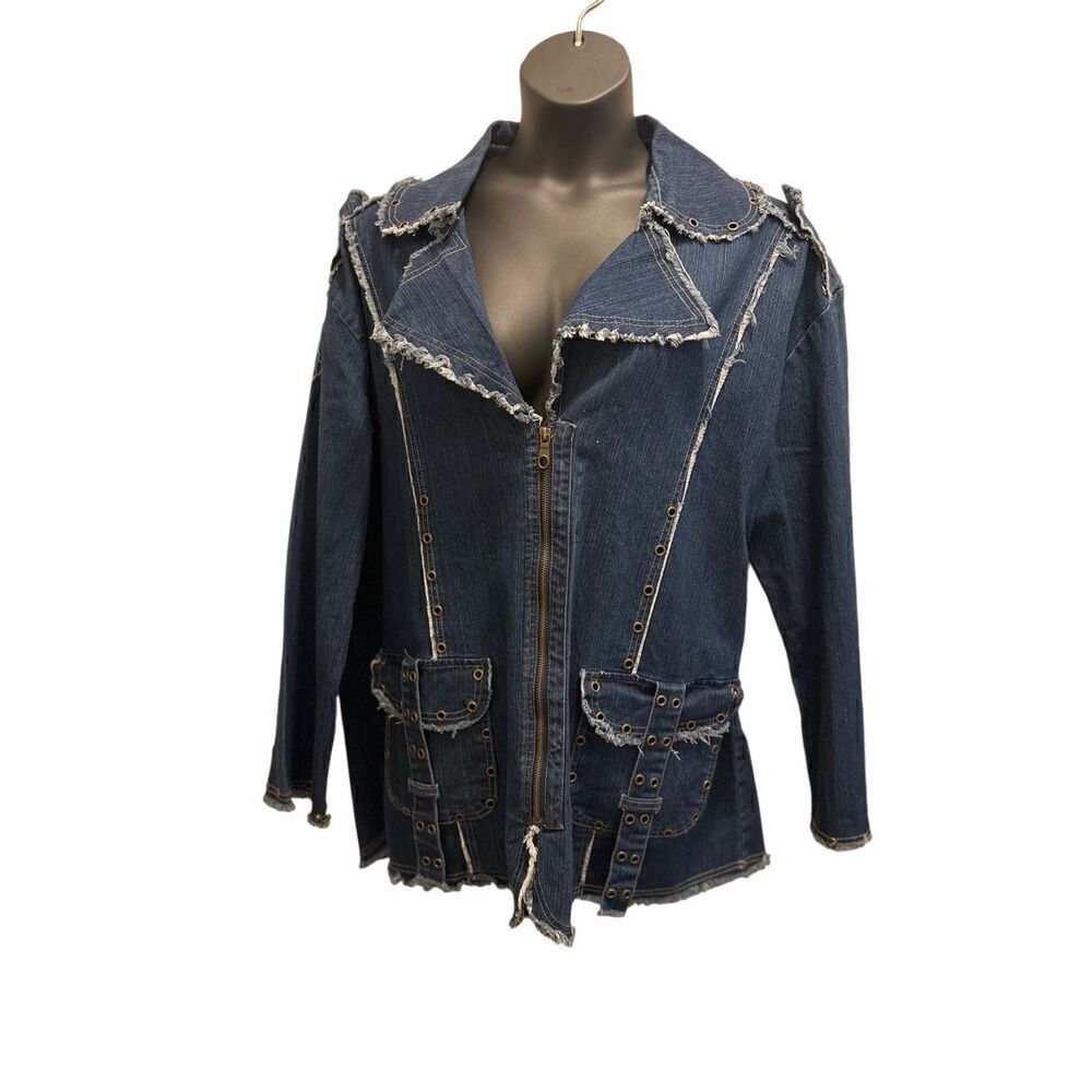 Finejeans Women's Dark Denim Blue Stretch Distressed Denim Jacket Size 30